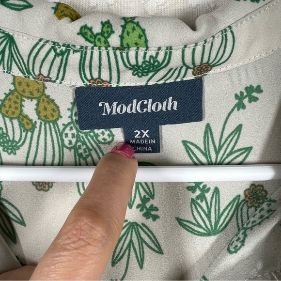 ModCloth Green Cactus Print Ruffle Sleeve Button Up Top - Picture 2 of 5